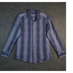 JHANE BARNES Mens Striped Blue Abstract Long Sleeve Button Down Size Silk Cotton